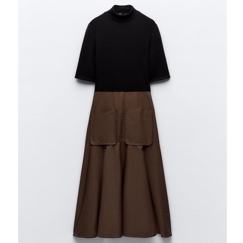 Zara Contrast Fabric Midi Dress Black Olive Brown Mock Neck Short Sleeve Small